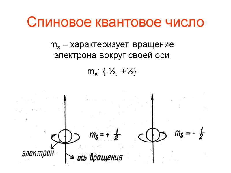 Спиновое квантовое число ms – характеризует вращение электрона вокруг своей оси ms: {-½, +½}